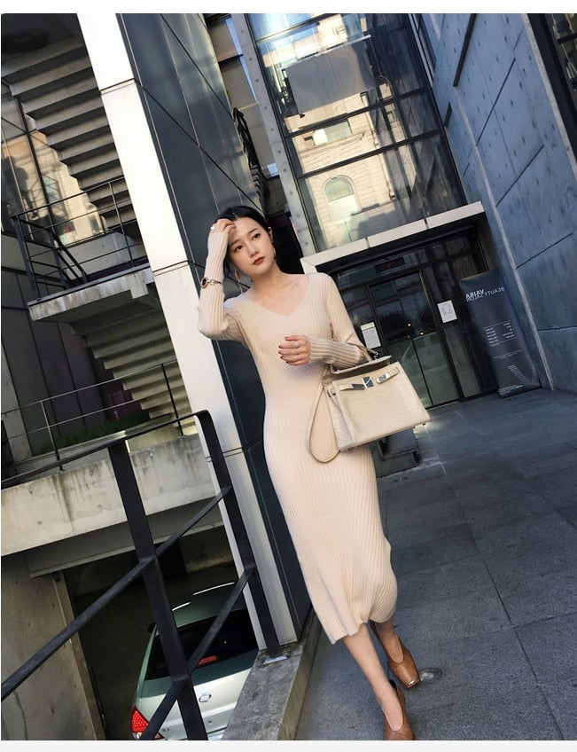 Llyge V-Neck Slim Mid-Length Aesthetic Korean Sweater Dress For Women Winter Dresses Vintage Fashion  Casual Knitted Bodycon Woman