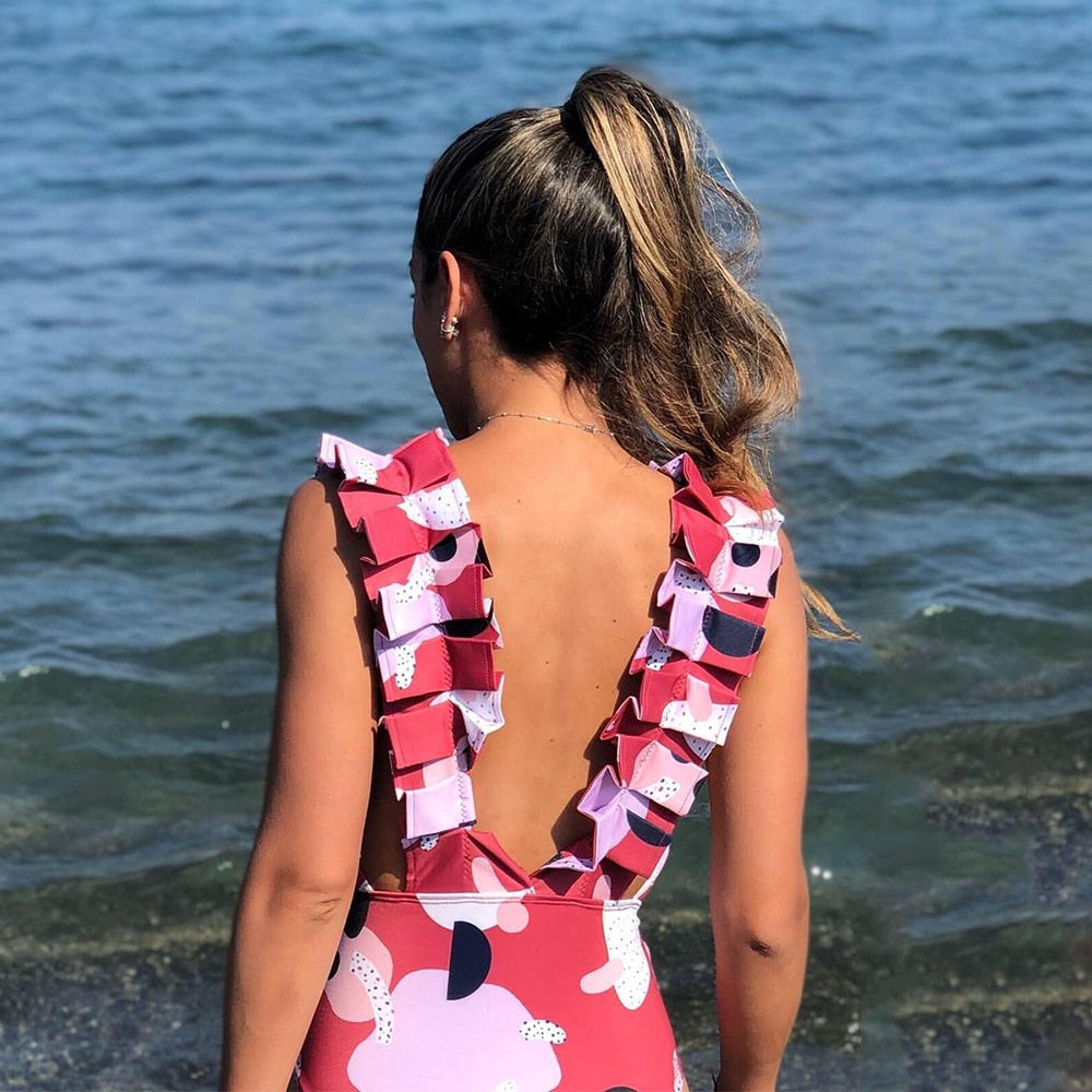 Llyge 2023 New  Ruffle Print Floral One Piece Swimwear Women Backless Swimsuit Deep-V female Summer Bathing Suit Beach Wear