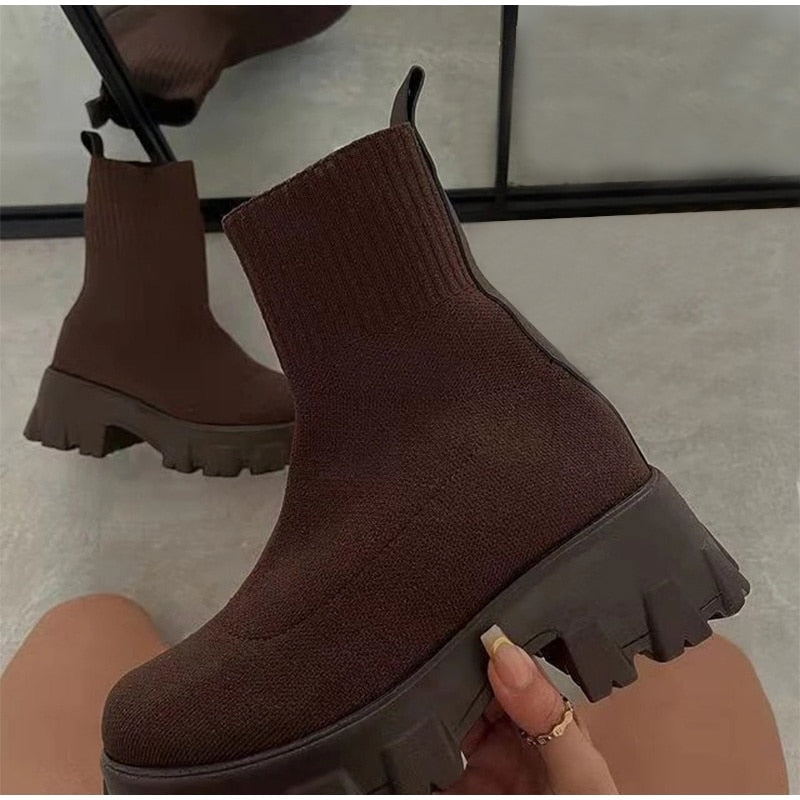 Llyge Christmas Gift Women Ankle Boots Thick Bottom Knitted Woman Sock Shoes Elastic Fabric Fashion Female Short Boot Autumn Ladies Footwear 2023 New