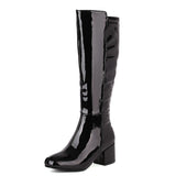 Llyge Black White Red Women Knee High Boots Patent PU Leather Square Heel Round Toe Ladies Modem Boots Short Plush Fall Winter Boots