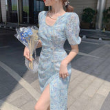 Llyge  Graduation Party Summer 2022 French Vintage Floral Dress Women Blue Split Design Sweet Kawaii Dress Female Casual Korean Puff Sleeve Party Dress