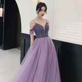 Llyge 2023 Fantasy Starry Purple Evening Dresses Tassel Sleeves V Neck Spaghetti Straps Beadings A-Line Banquet Gowns Female Party Robes