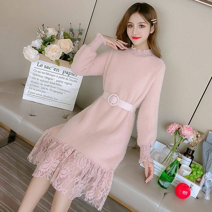 Llyge Lace Sweater Dress For Women Winter Knitted Woman  Aesthetic Aesthetic Long Casual Elegant Korean Fashion Loose Robe Dresses