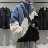 Llyge Winter Warm Patchwork Stripe Fleece Jackets Coats Lamb Woolen Man Casual Zipper Jacket Male Vintage Korea Harajuku Sweatshirts