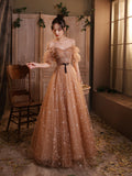 Llyge 2023  Elegant Champagne Evening Dresses Female Lanturn Sleeves Bow Lace Up Long French Style Ball Gowns For Host Annal Party Banquet
