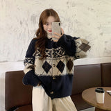 Llyge Ladies Cardigans Long Sleeve Knitted Argyle Sweater Women Loose Outer Wear Knitted Cardigan Sweater Single-Breasted Printed Knit
