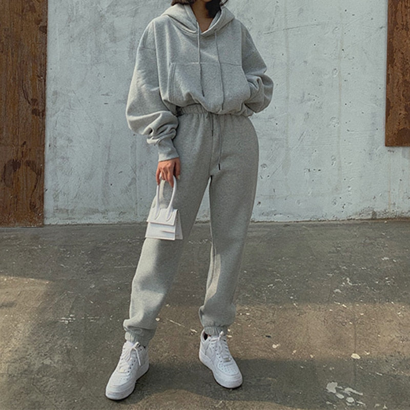 Hoodies Suit Winter Spring Solid Casual Tracksuit Women Fleece 2 Pieces Set Sports Sweatshirts Pullover Home Sweatpants Outfits