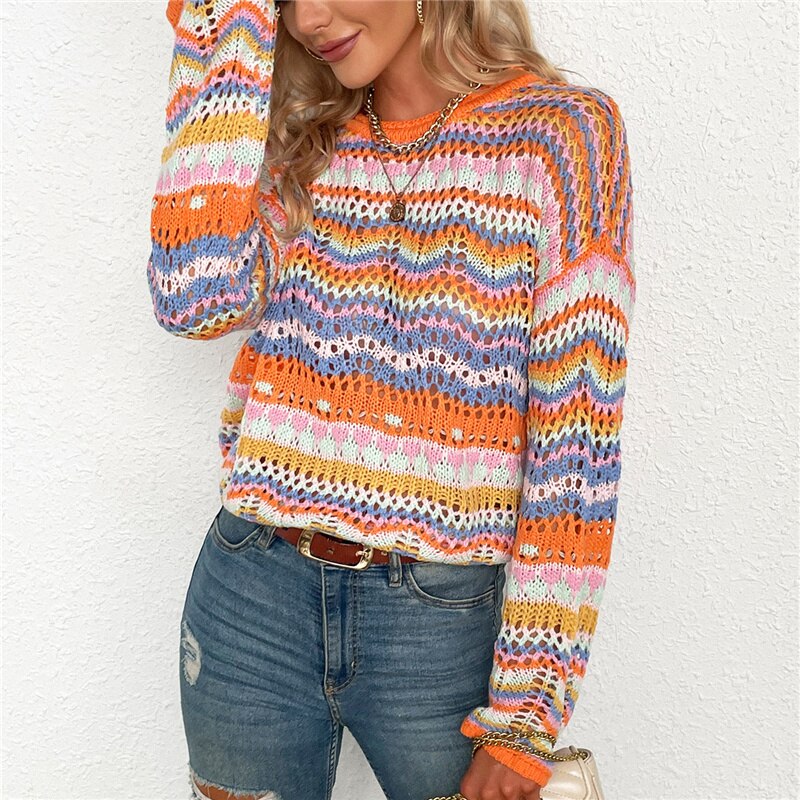 Woman Casual Knitted Pullover 2023 Chic Ladies Bohemia Hollow Out Sweaters