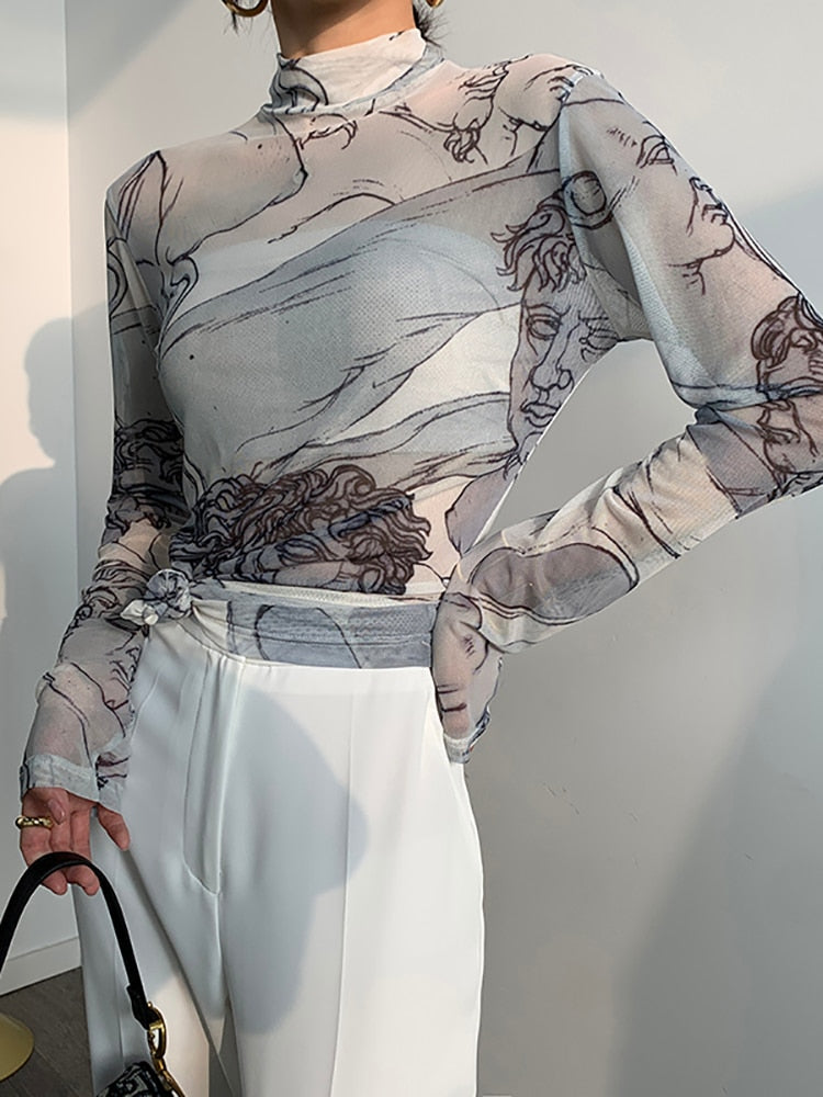 LLYGE Back to School Turtleneck Mesh Blouse Women Renaissance Print Long Sleeve See Through Top Ladies Sheer Designer Top Clothing