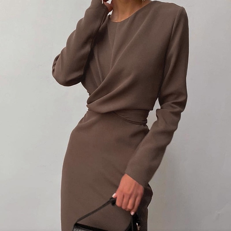 Llyge  Graduation party  Women's Dress for New Year 2023 O-Neck Long Sleeve Knee-Length Straight Elegant Party Dresses Autumn Solid Casual Office Lady