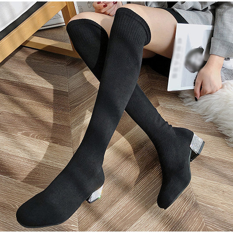 Llyge Christmas Gift Women Long Boots Stretch Knitting Sock Shoes Autumn Ladies Over The Knee Boots Thick Heels Zipper Platform Female High Boots New