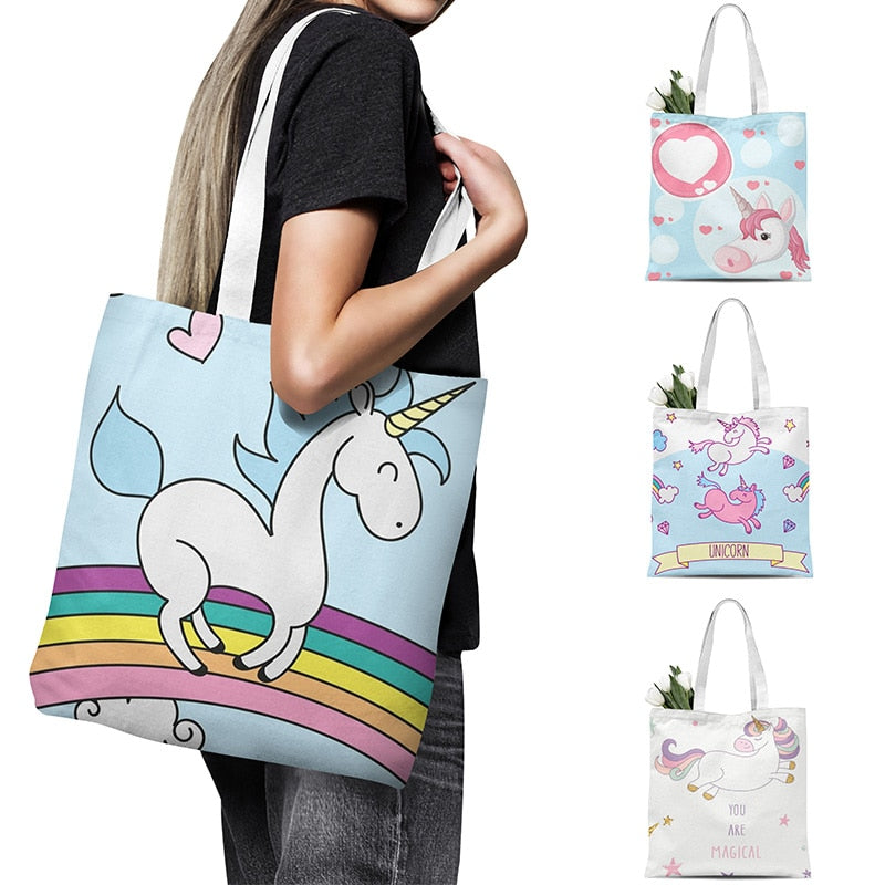 New Unicorn Pattern Canvas Handbag Girl Book Bag Pink Cute Cartoon Large Capacity Shopping Bag Travel Bag Female Shoulder Bag