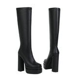 Llyge Plus Size 43 Women Knee High Boots Platform Thick High Heel Ladies Motorcycle Boots PU Leather Side Zipper Square Toe Women Boot