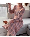 Llyge Maxi Plaid Turtleneck Pink Sweater Dress For Women Winter Korean Knitted Vintage Casual Bodycon Fashion Dresses Loose Robe Woman