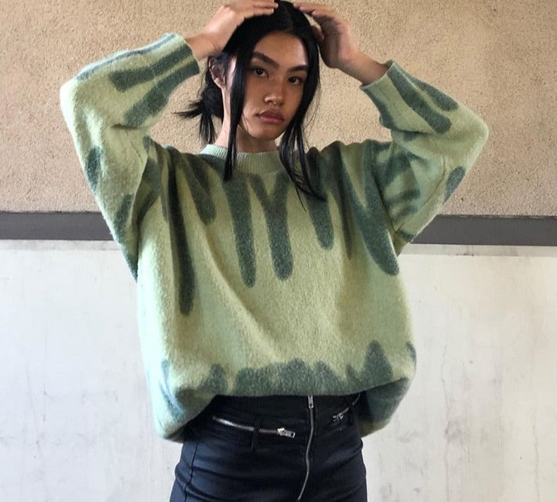 Back To School  Elegant Green Striped Print Pullovers Women Winter O-Neck Loose Long Sweaters Streetwear Warm Outerwear 2023