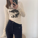 Llyge Back to School Casual Slim T-Shirt For Women O Neck Long Sleeve  Crop Top Grunge Letters Print Female Korean Fashion Clothing 2023