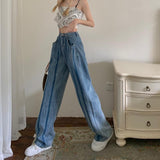 Llyge New Korean Stripes High Waist Summer Thin Wide-Leg Women 2022 Hot Chic Fashion Loose Straight Denim Female Long Trousers