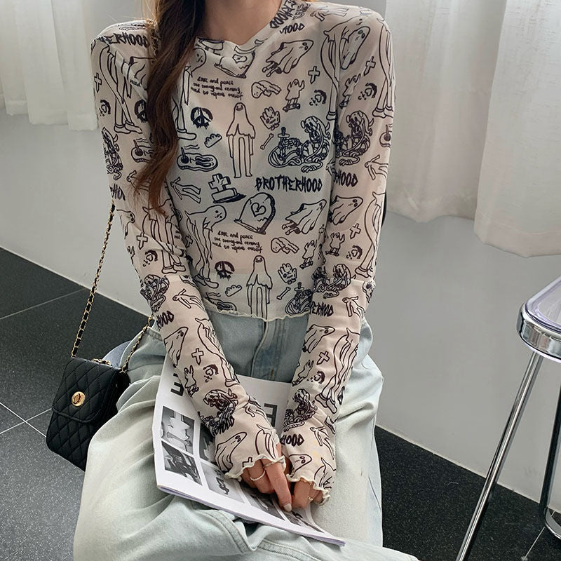 Back to School Korean Style Long Sleeve Mesh T-Shirt Women Funny Art Print See Through Tshirt Folds Design Crop Tops  Streetwear