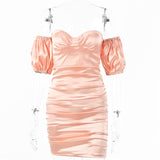 LLYGE Ruched Satin Bodycon Dress For Women 2023 Short Sleeve Strapless Party Dresses  Elegant Mini Vestidos Female New