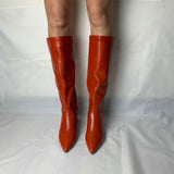 Llyge Black White Orange Women Knee High Boots Fashion Pointed Toe Square Heel Ladies Boots Short Plush Women Winter Shoes Big Size 43