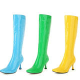 Llyge Big Size 45 Women Knee High Boots Patent PU Leather Candy Colors Ladies Calf Boots Fashion Thin High Heel Square Toe Women Boots