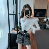 Llyge  2023  French Women Off Shoulder  Sweater Pullovers Fluffy Fur Stitching Slash Neck Long Sleeve Knit Sweaters Top Ladies Club Tops