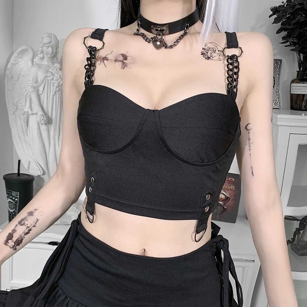 LLYGE Punk Slim Solid Camisole Women Summer Gothic Dark Metal Chain Bodycon Casual Tube Top Fashion Street Low Cut  Vest