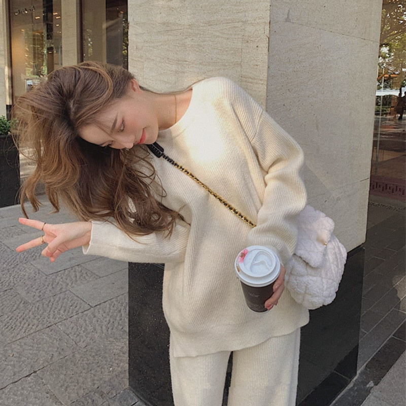 Two Piece Set Pullover Sweater Tracksuit Women High Waist Knit Straight Pants Suit Spring Clothes