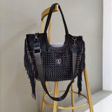 LLYGE Women's bag luxury designer purses and handbags for women vintage rivet tote bags leather tassel Shopper bag shoulder bag