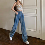 Llyge New Korean Stripes High Waist Summer Thin Wide-Leg Women 2022 Hot Chic Fashion Loose Straight Denim Female Long Trousers