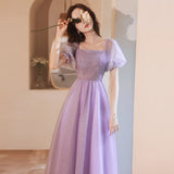 Llyge 2023 Purple Polka Dot Evening Dress 2023 Autumn New French Style Vintage Temperament Bridesmaid Dress Square Collar Slim Daily Dress
