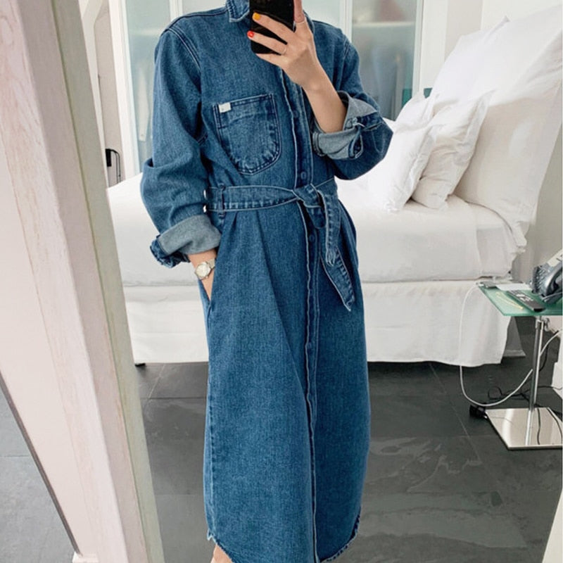 Llyge New Style  Female Jean Trench Autumn Spring Fashionable Cotton  Long Solid Color Coat For Women Windbreaker With Belt