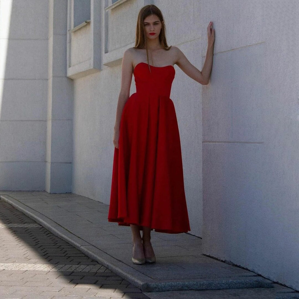 Graduation Prom Llyge 2022 Red Elegant Short Pleated Strapless Satin Evening Dresses with Pockets Tea Length Robes De Mariée Party Gowns For Women