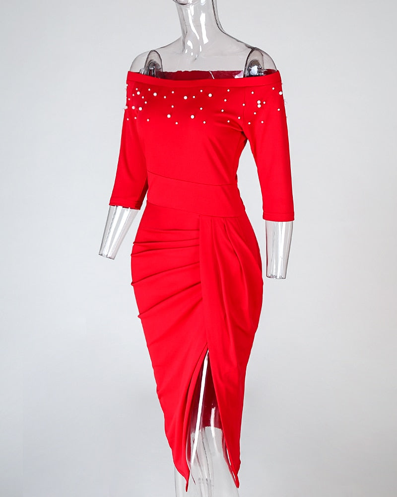 Llyge 2022 Women Fashion Elegant Autumn Solid Off Shoulder Beaded Ruched Party Dress Spring Long Sleeve Midi Dress