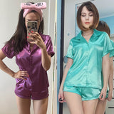 Llyge Women Sleepwear Summer Pajama Set Pink Turn Down Collar Faux Silk Satin Blue Short Sleeve Casual Female Pijama Home Wear Shorts