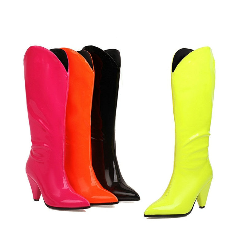 Llyge Rose Red Orange Yellow Black Women Knee High Boots Spike High Heel Slip On Ladies Boots Patent PU Leather Pointed Toe Boots