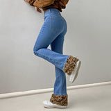 Llyge Patchwork Leopard Boot Cut Jeans Women Vintage Y2K Aesthetic 90S Streetwear Denim Trousers Low Waist Slim Flare Pants