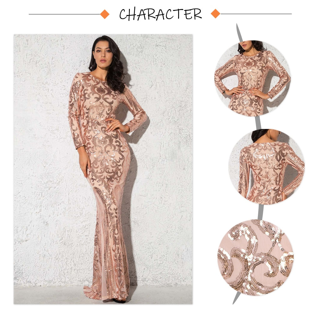 Graduation Prom Llyge Shine Rose Gold Sequin Long Sleeve Evening Gown Black Mermaid Stretchy O Neck Floor Length Wedding Party Prom Dress Winter 2022