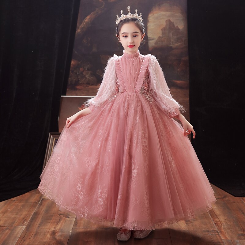 Llyge 2023 Pink Flower Girl Dress For Wedding Tulle Lace Long Girl Dress Elegant O-Neck Long Sleeve Princess Dress Children's Ball Gowns
