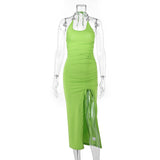 LLYGE  Chain Halter Drawstring Summer Dress Sleeveless Backless Dresses For Women  High Split Beach Holiday Vestidos New