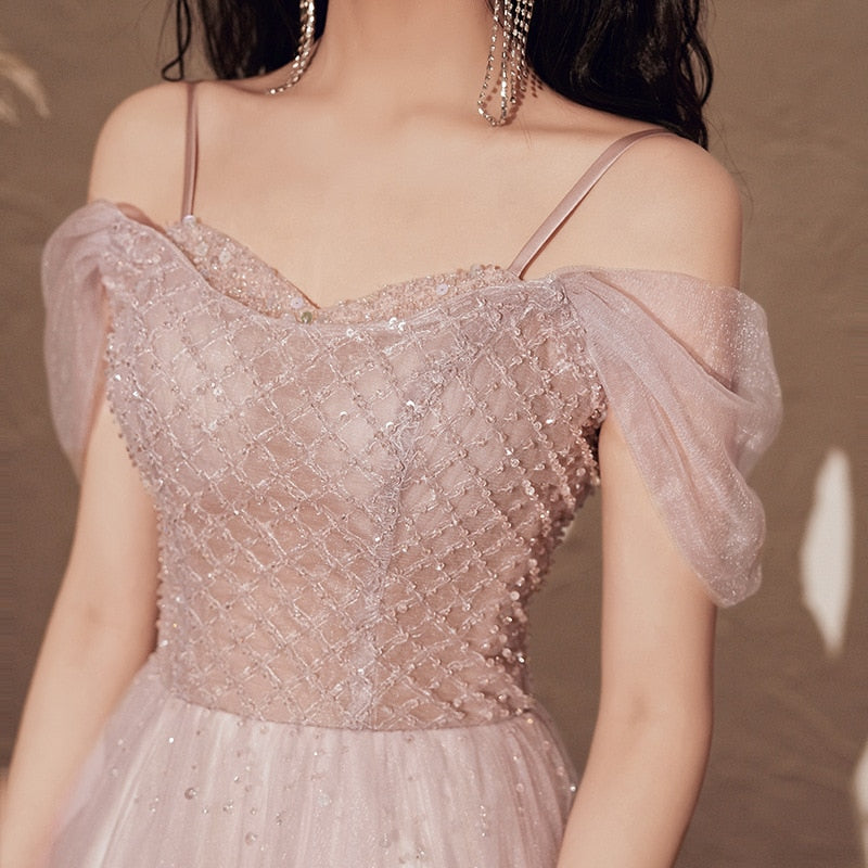 Llyge 2023  New Arrival Sweet Pink Banquet Dresses Women Bandage Spaghetti Straps Off the Shoulder Sequins Beads Long Prom Party Gowns