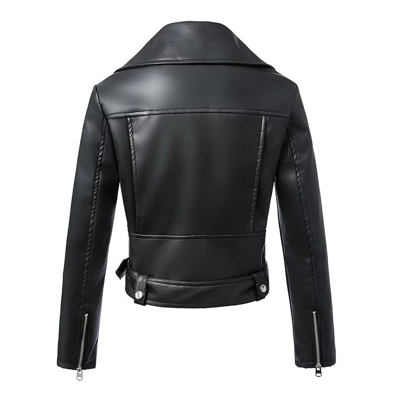 Llyge New Women Black Faux Leather Jacket Autumn Winter Short Soft Pu Leather Jackets Belt Zipper Moto Biker Coat