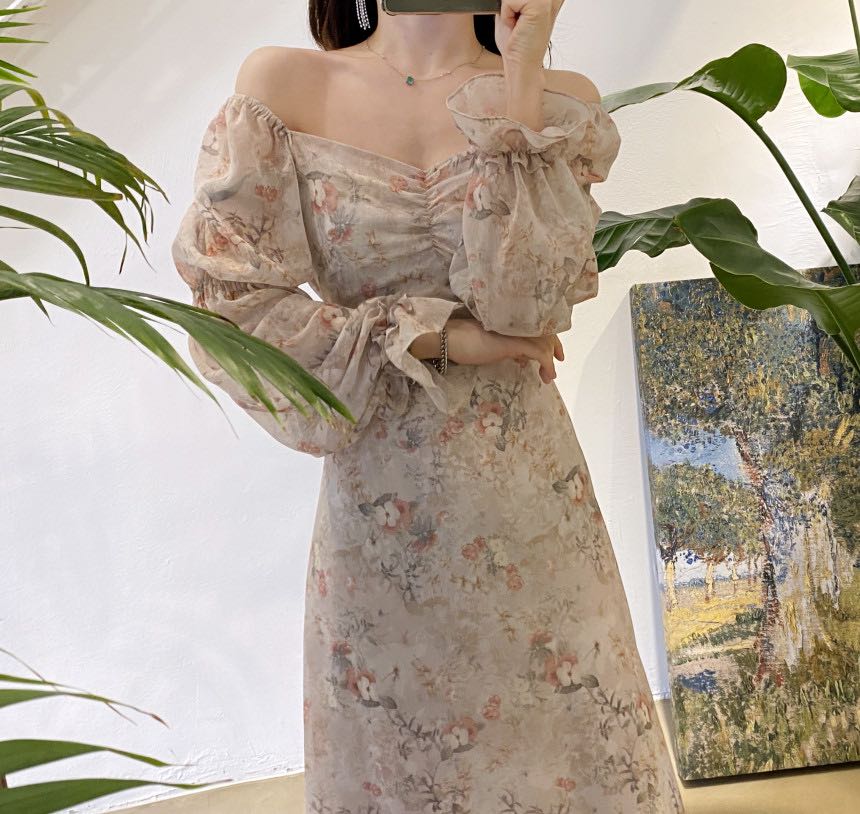 Llyge Women Sweet Flare Sleeve Elegant Temperament Lady Cutevilmyii Floral Vintage Long Chic Dress