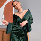 Llyge Solid Women Robes With Sashes 2 Piece Set Wrist Sleep Tops Satin Pants Loose Pajamas Casual Sleepwear Female Home Suits