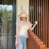Llyge  Graduation Party Fairy Off Shoulder Mesh Women Blouse Short Korean Slim  Party Tops 2023 Summer Puff Sleeve Ruffle Casual Holiday Y2k Clothes
