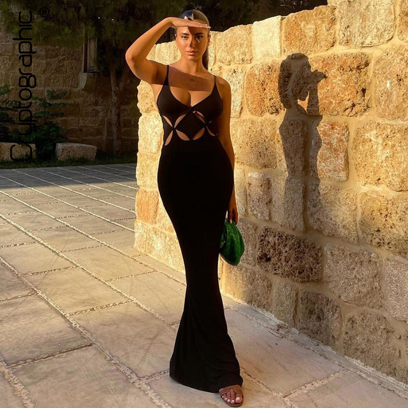 Graduation Party dress Llyge Spaghetti Strap Cut Out Maxi Dress Outfits for Women 2023 Autumn Club Party  Backless Black Dresses Clothes