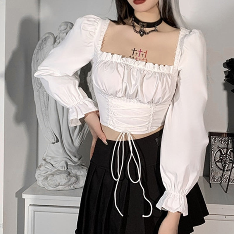 Llyge  Graduation party  Gothic Black Top Women White Square Neck Long Puff Sleeve Ruched Bandage Crop Top Autumn Woman Party Blouse 2022 New