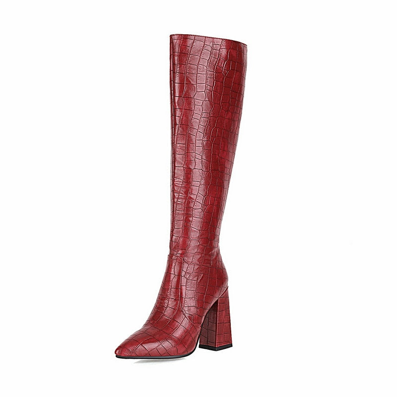 Llyge 2023 New Faux Leather Women Knee High Boots Pointed Toe Square High Heel Ladies Long Boot Stone Pattern Women Shoes Black Red