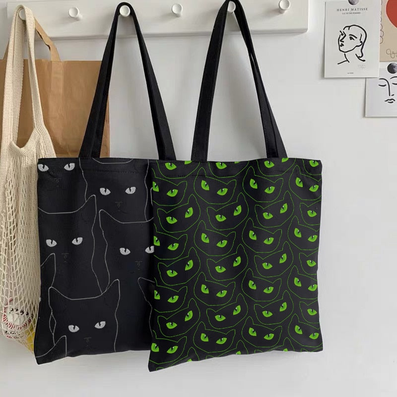 Special Cartoon Cat Print Black Canvas Bag For Women Fun Casual Large Capacity Shopping Bag Eco Fashion Totebag Cute Shopper Bag