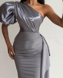 Llyge 2023 Fashion One Shoulder Puff Sleeve Ruched Slit Party Evening Dress Summer Asymmetric Midi Long  Robes Workwear Ball Gowns